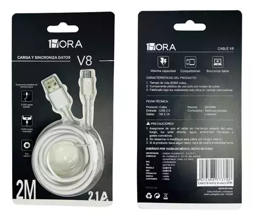 1hora 2m V8 Micro Usb 2.1a Carga Rapida 2 Metro Blancos
