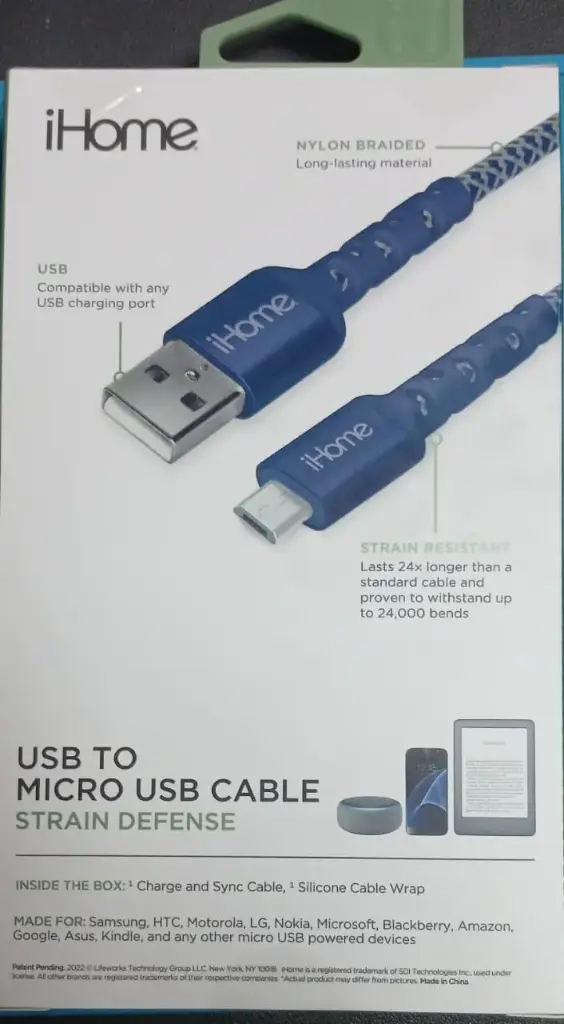 iHome, cable USB to Micro USB, strain defense, 6ft