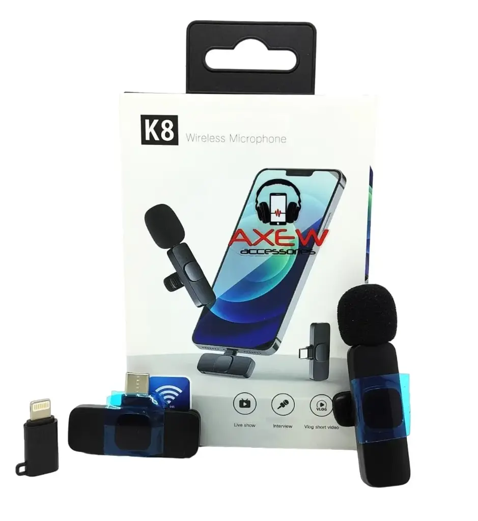 Micrófono Bluetooth K8 Wireless Microphone, diseño compacto con sonido claro, conexión inalámbrica Bluetooth y batería de larga duración, ideal para grabaciones y transmisiones.