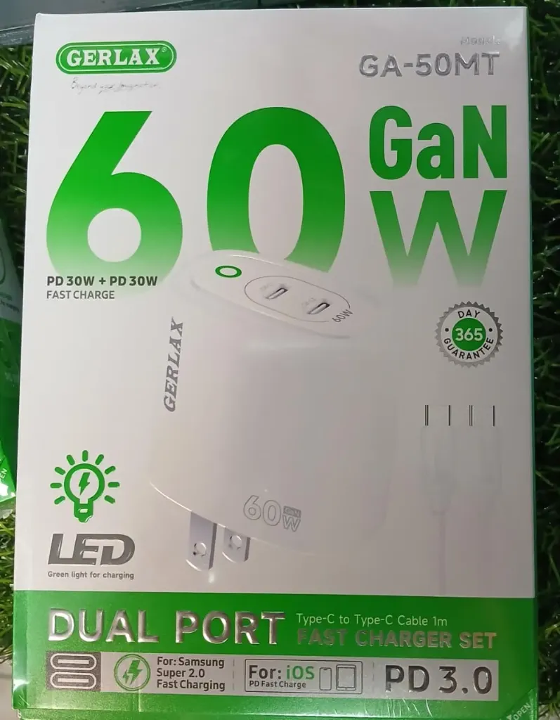 Gerlax, Cubo doble puerto y Cable con conector tipo C, 60W. (Set Carga Rápida)