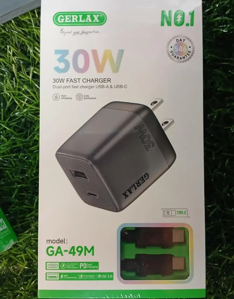 Gerlax, Cubo Doble Puerto (USB-C) y cable con conector tipo C. (30W).