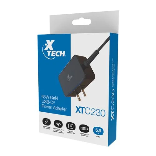 Xtech, Adaptador de Corriente 65W, USB-C GaN para Laptops y dispositivos móviles. 110-240VCA. 1.8m