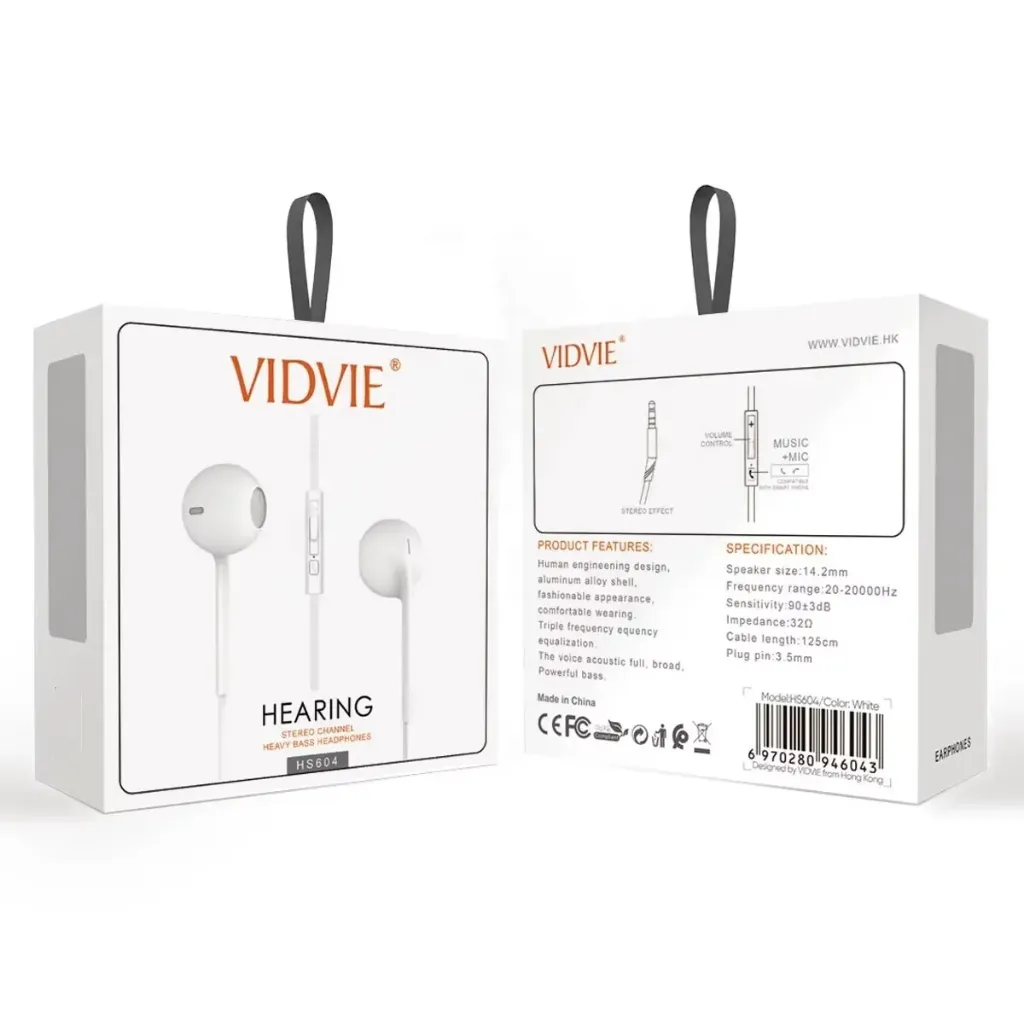 VIDVIE HS604, Audifónos con control de Volumen, microfono. 3.5mm. Cable de 1.2m