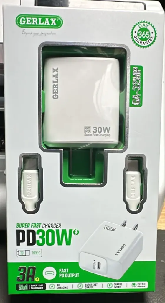 GERLAX, Cubo PD 30W y Cable, Carga Rápida Tipo-C.