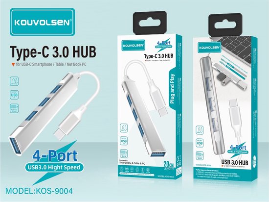 Kouvolsen Tipo C - 4 puerto USB 3.0 Hub